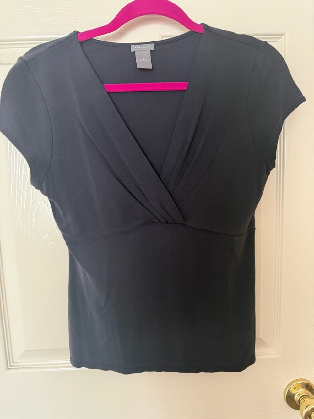 Ann Taylor Navy Blue Faux-Wrap Short Sleeve Top